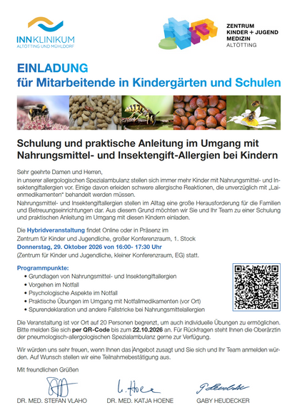 Schulung und praktische Anleitung im Umgang mit Nahrungsmittel- und Insektengift-Allergien bei Kindern